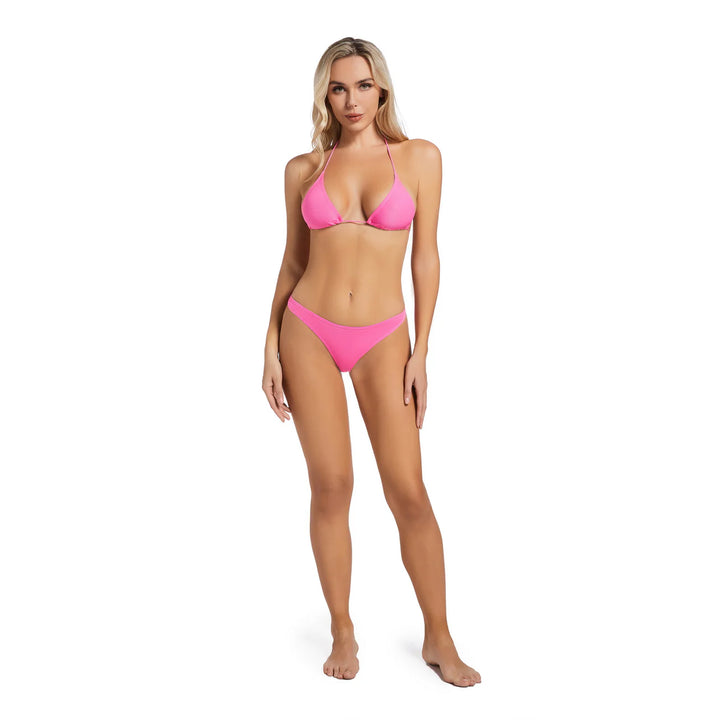 Sexy Two Piece Tan Through Drawstring String Thong Bikini Set in Pink - Qikini