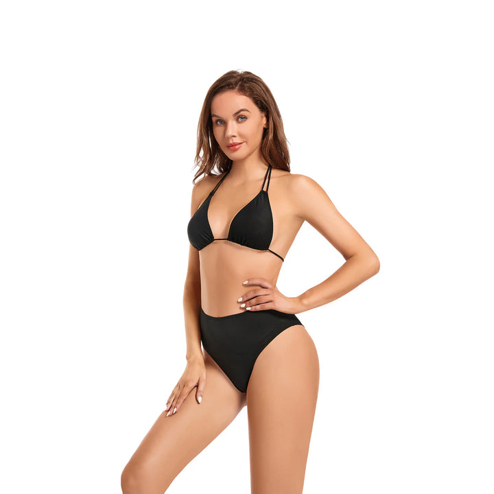 Sexy Women's Reversible Halter Triangle Tan Through Bikini Swimwear Black - Qikini