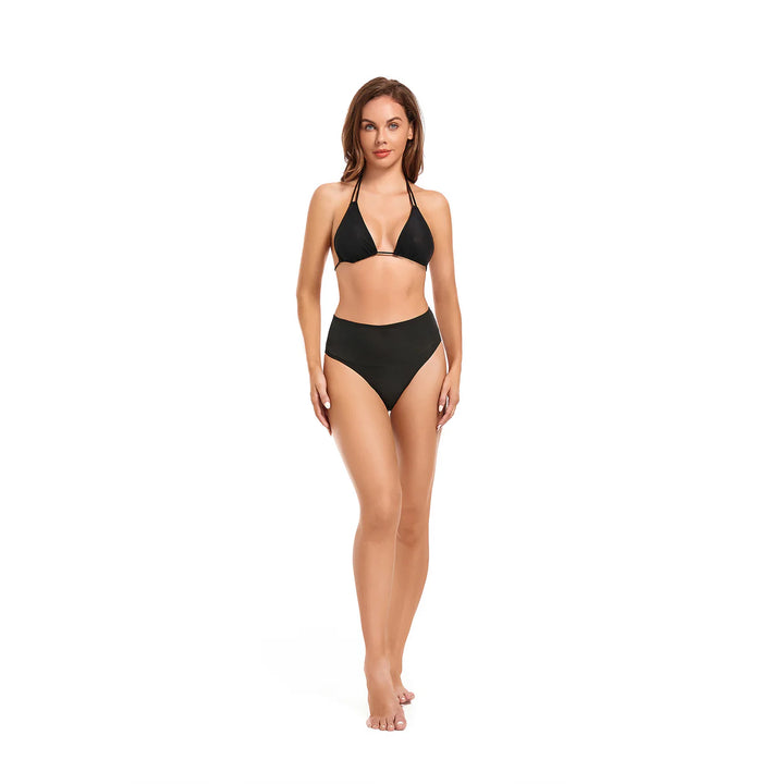 Sexy Women's Reversible Halter Triangle Tan Through Bikini Swimwear Black - Qikini