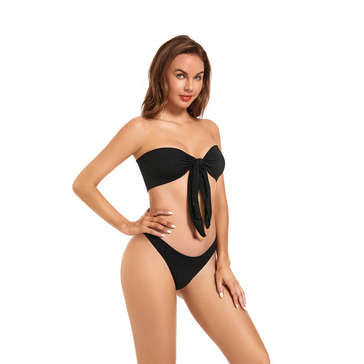 Sexy Tan Through Bikini Swimwear Bow Tie Bathing Suit Beachwear Black - Qikini