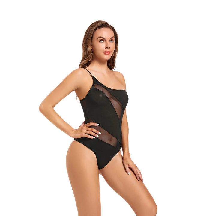 Black Tan Through One Shoulder Bikini Stripe Lace One Piece Swimsuit - Qikini