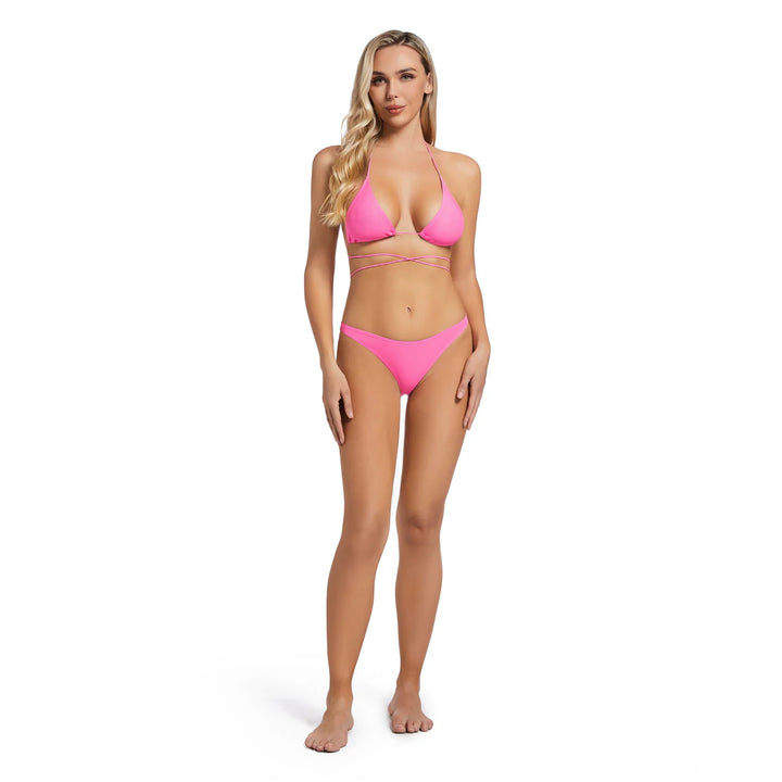 Women's Tan-through Two Piece Strappy Bikini Top and Bottom in Pink - Qikini