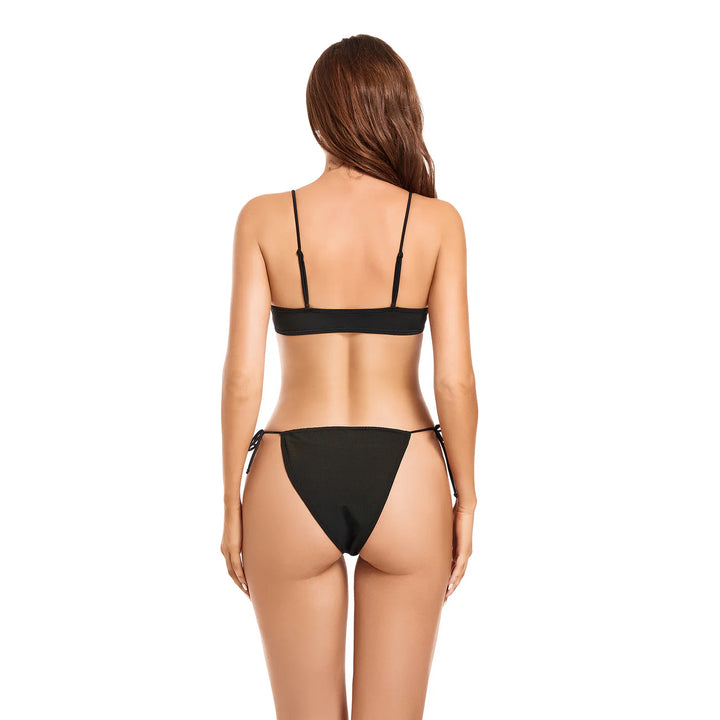 Black Women Sexy Tie G String Tan Thru Two Piece Bikini Set Swimwear - Qikini