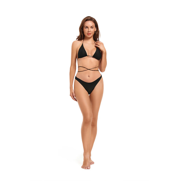 Women's Tan Through Triangular Two Piece Size Bikini Sets Black - Qikini