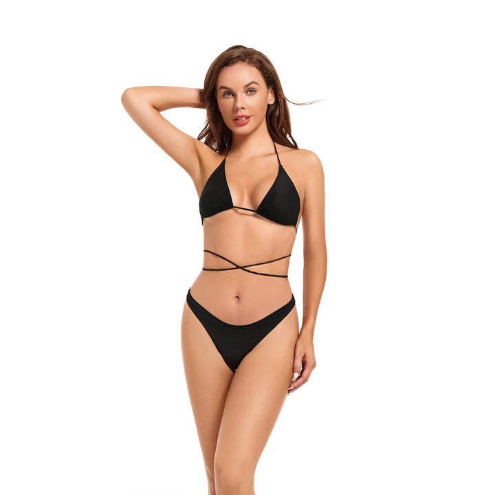 Women's Tan Through Triangular Two Piece Size Bikini Sets Black - Qikini