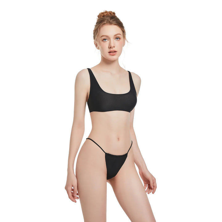 Tan Through Two Piece Padded Bikini Top and Bottom Black - Qikini