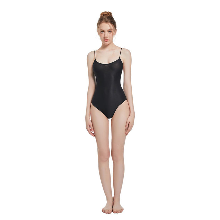 Tan Through Low Back Bodysuit One Piece Swimsuit for Women Black Beachwear - Qikini